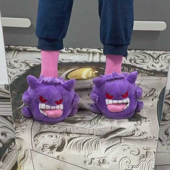 gengar plush slippers tongue out video pokemon house shoes anime ghost cozy winter indoor footwear product demo