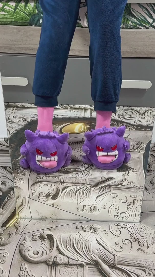 gengar plush slippers tongue out video pokemon house shoes anime ghost cozy winter indoor footwear product demo