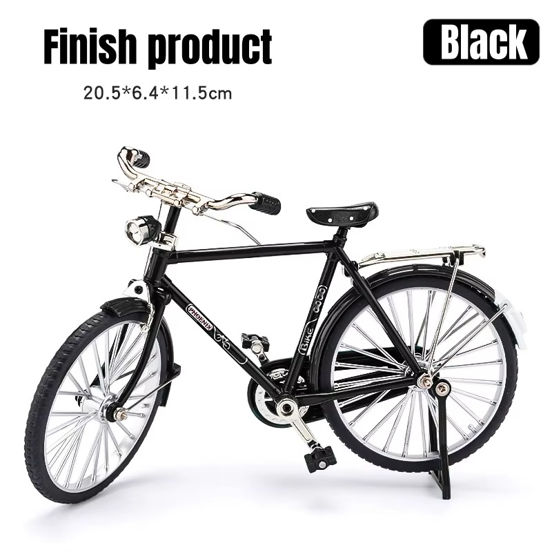 Black miniature bicycle model on a white background with text indicating dimensions and color.