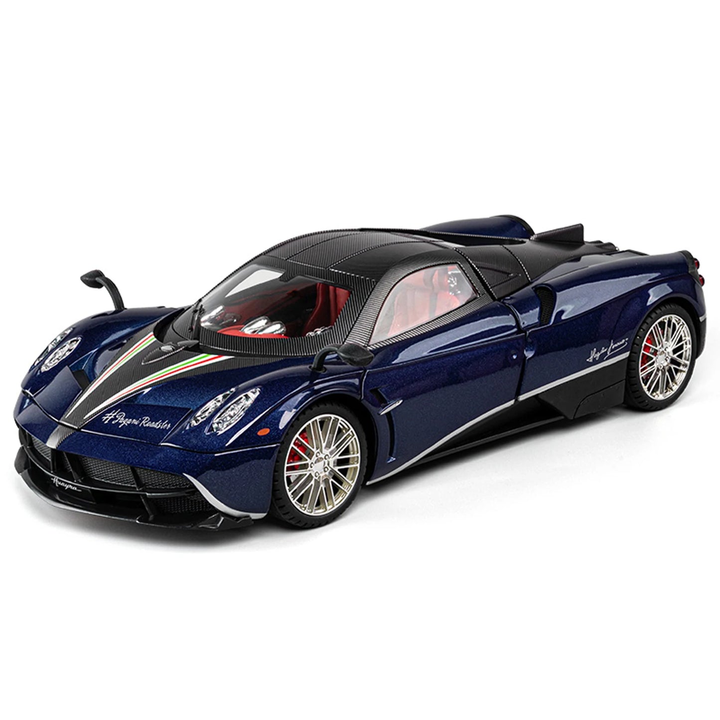 pagani huayra scale model toy car with opening scissor doors carbon fiber roof italian tricolore stripe collectible – Blue, Purple, White