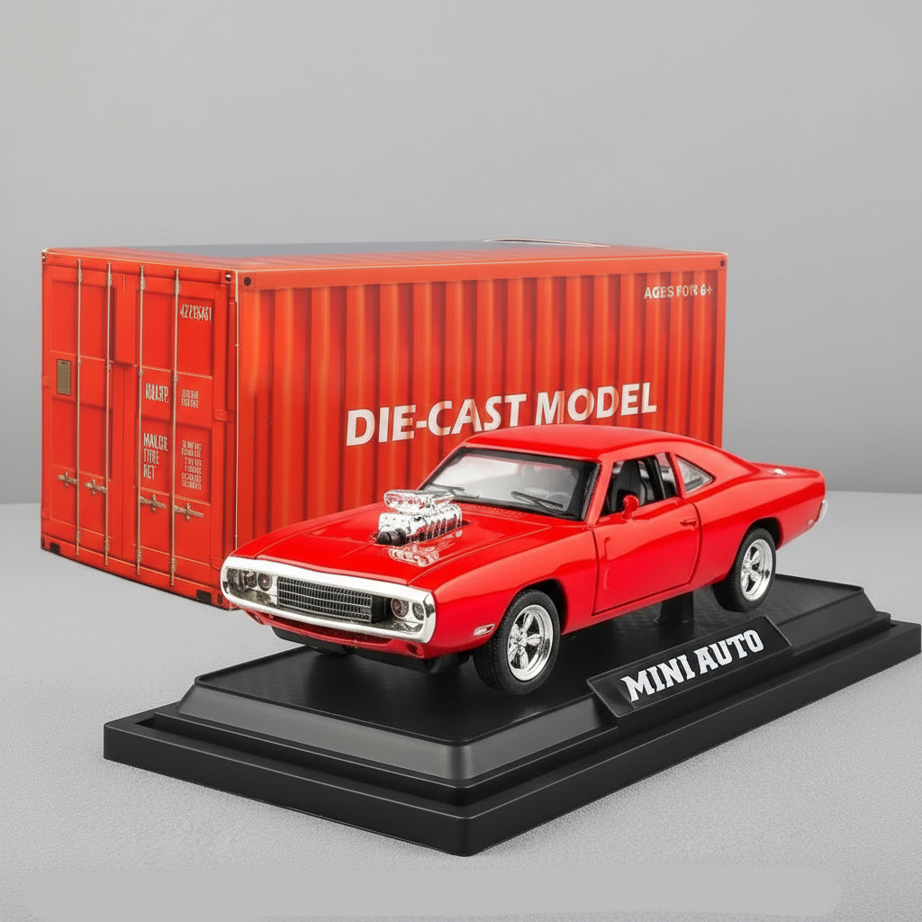 1:32 scale american muscle car diecast with collector container box display base for shelf and gaming room – Black, Blue, Red