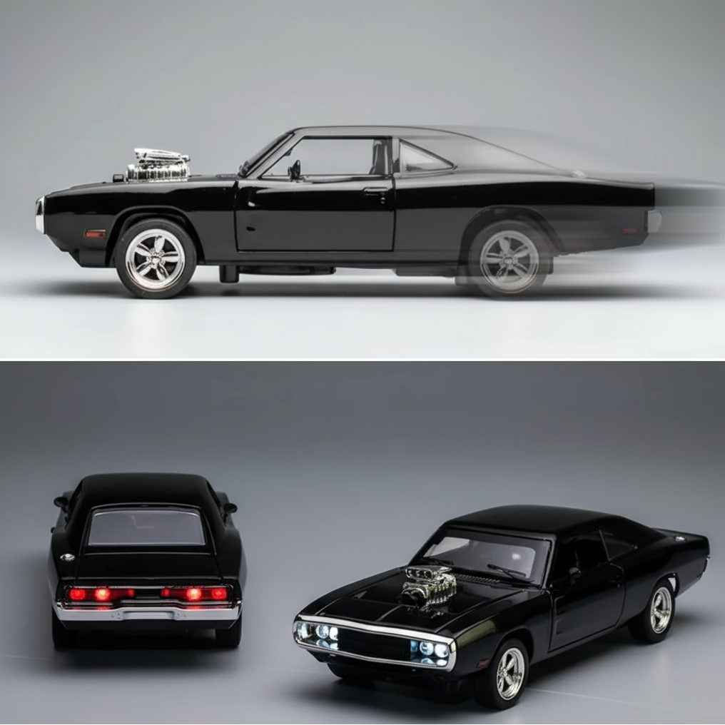 1:32 scale american muscle car diecast with collector container box display base for shelf and gaming room – Black, Blue, Red