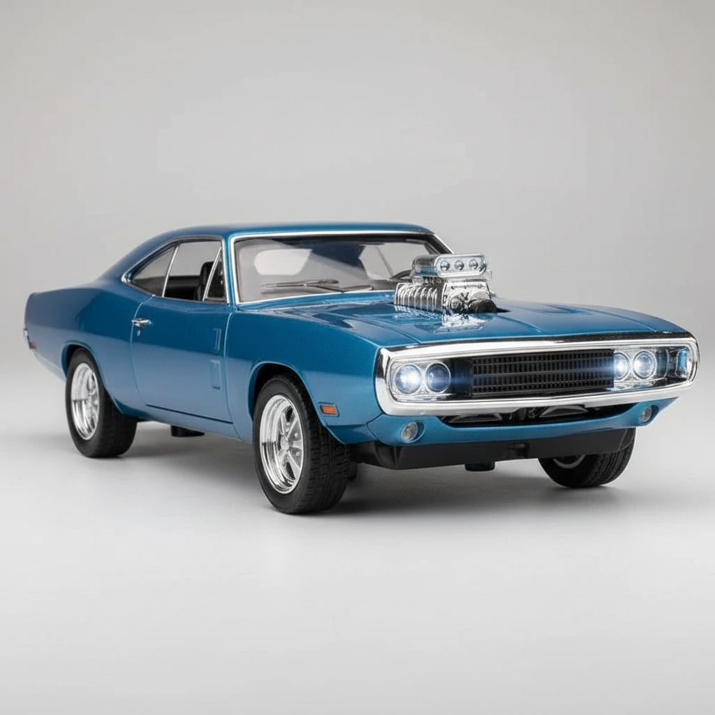 1:32 1970 charger diecast model car with pull back motor sound led lights and opening doors hood trunk – Black, Blue, Red