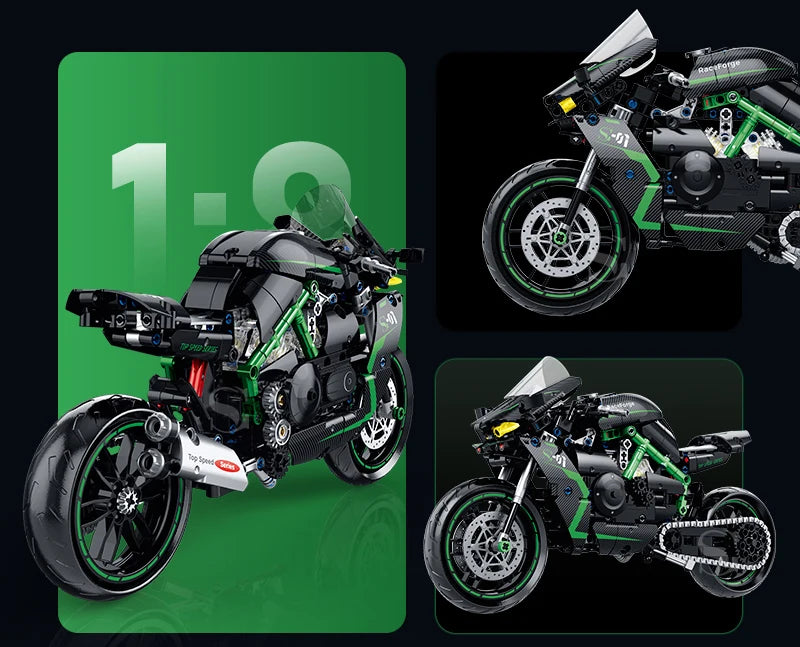 Green - 511 Pcs
1:8 scale green superbike motorcycle building block set technic sport bike model kit