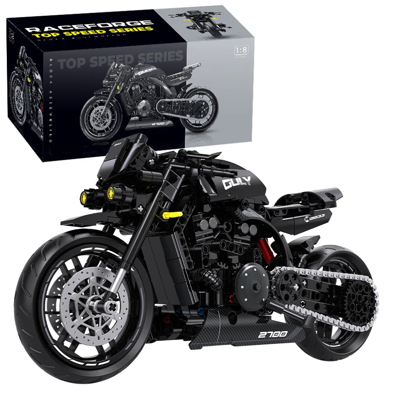 Black - 538 Pcs
1:8 scale black streetfighter motorcycle building blocks naked bike model kit