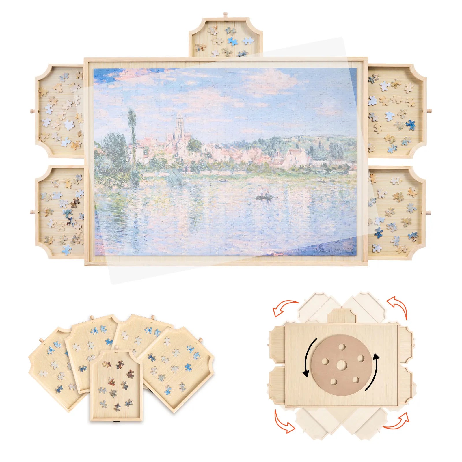 Wooden 1000 piece rotating puzzle board with storage drawers and protective cover