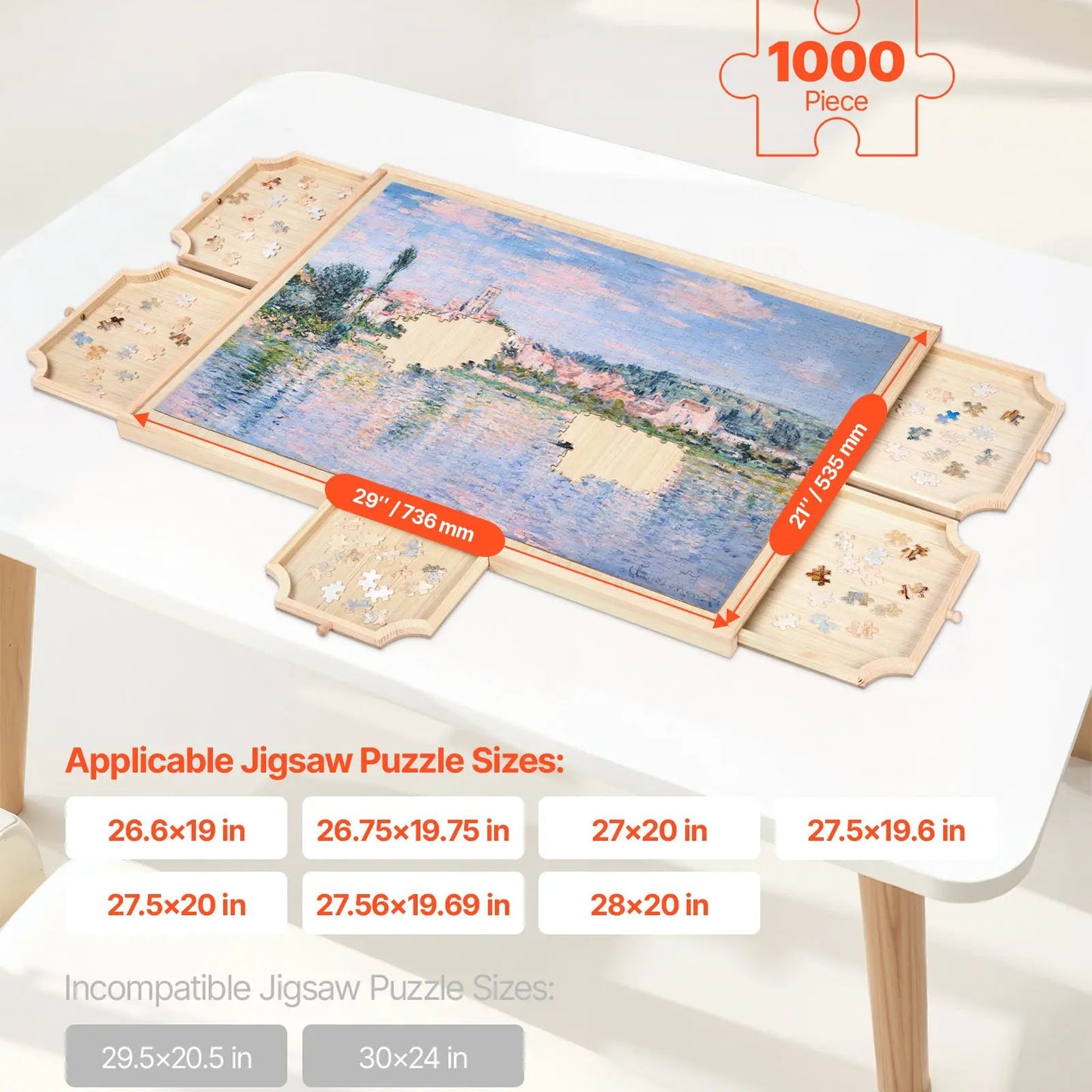 Wooden 1000 piece rotating puzzle board with storage drawers and protective cover