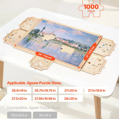 Wooden 1000 piece rotating puzzle board with storage drawers and protective cover