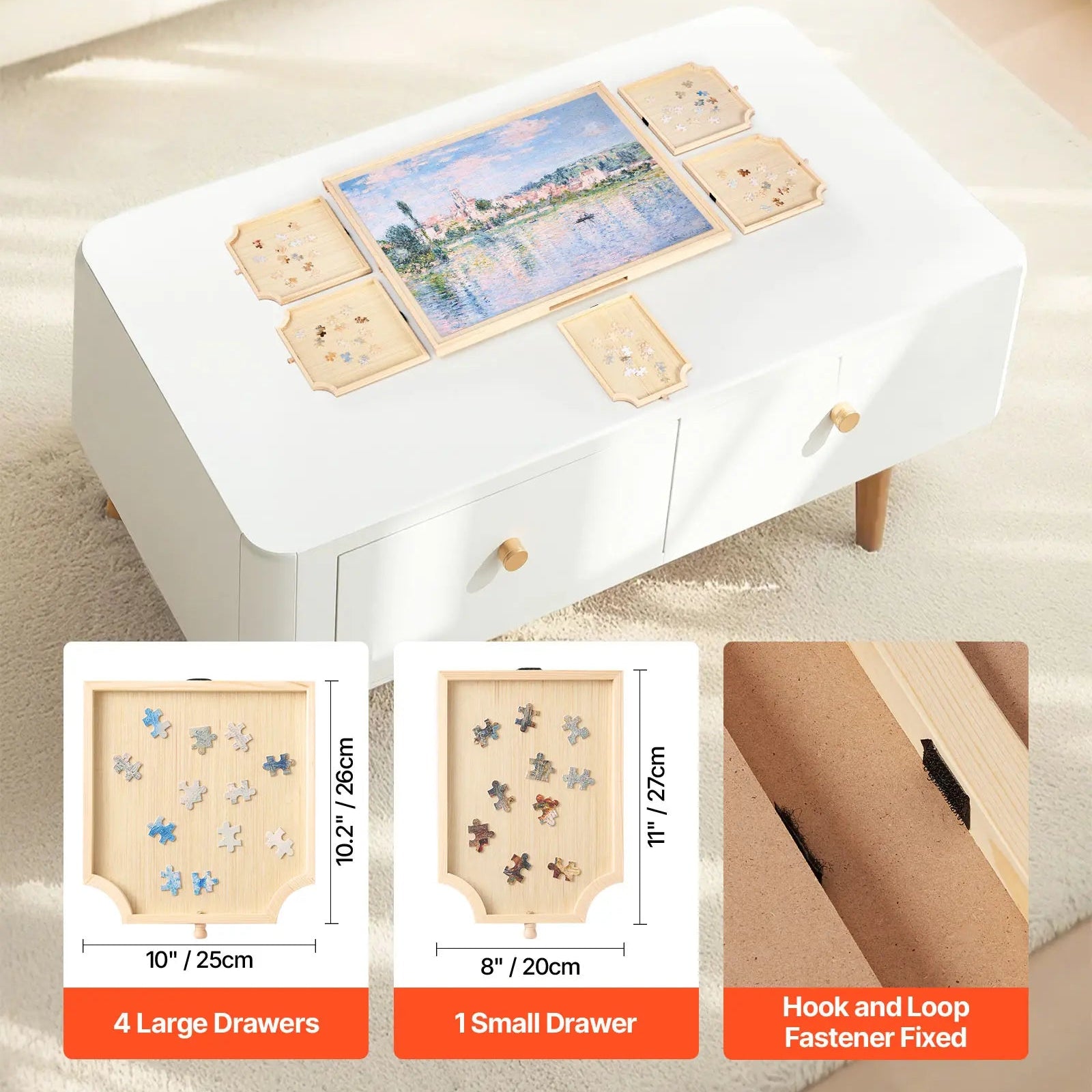 Wooden 1000 piece rotating puzzle board with storage drawers and protective cover
