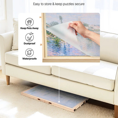 Wooden 1000 piece rotating puzzle board with storage drawers and protective cover