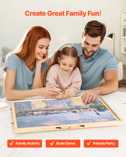 Wooden 1000 piece rotating puzzle board with storage drawers and protective cover