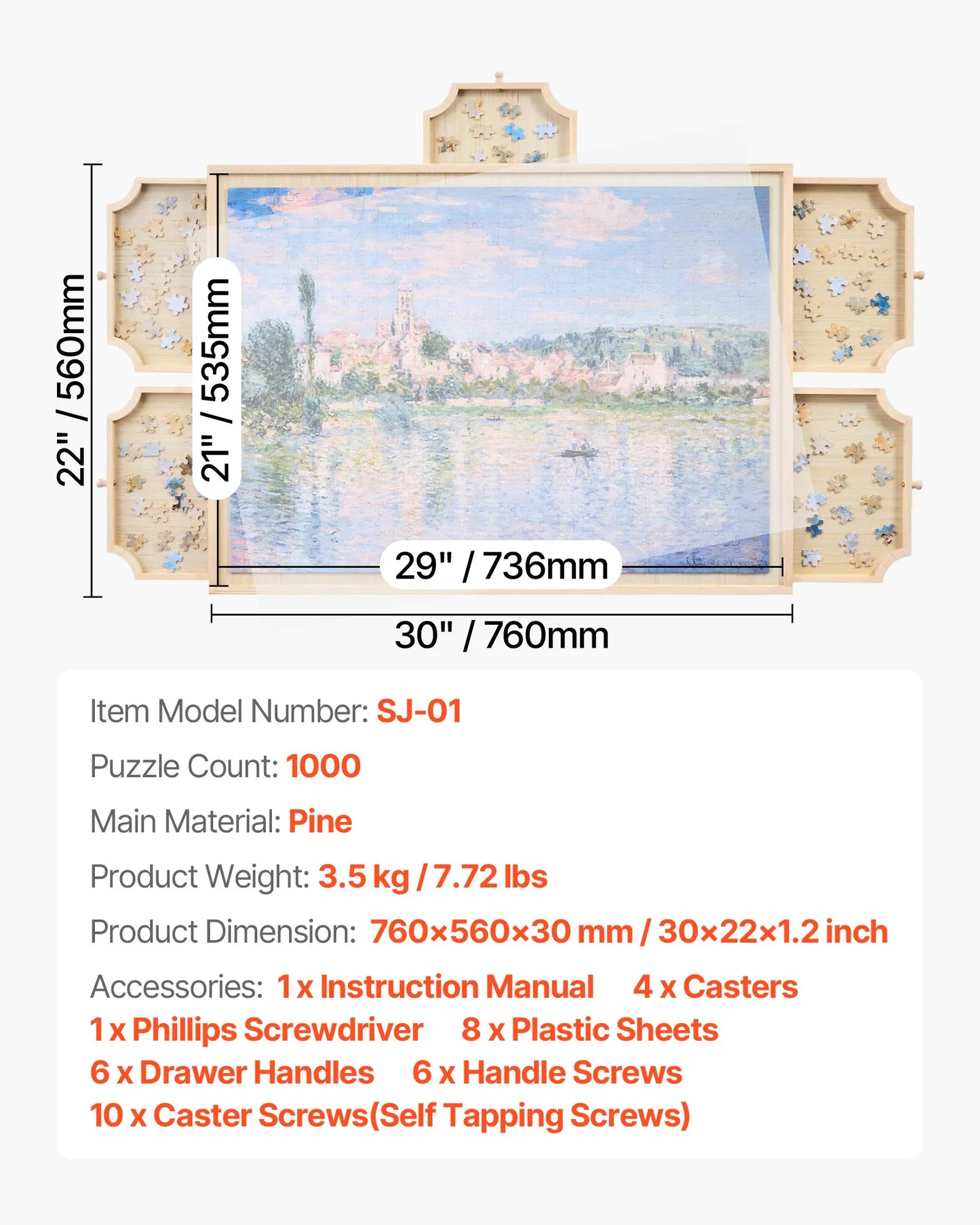 Wooden 1000 piece rotating puzzle board with storage drawers and protective cover