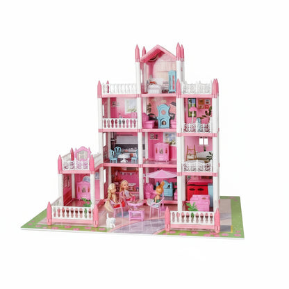 Pink princess dollhouse playset with 11 rooms LED lights furniture and doll figures for girls DIY miniature