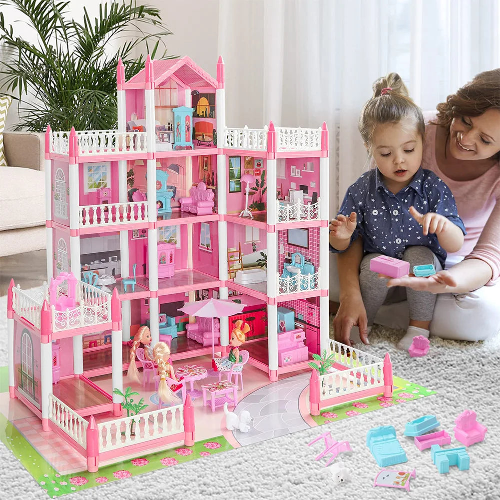 Pink dollhouse with multiple levels and accessories, child playing with toys, and adult nearby.