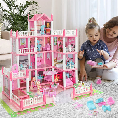 Pink dollhouse with multiple levels and accessories, child playing with toys, and adult nearby.