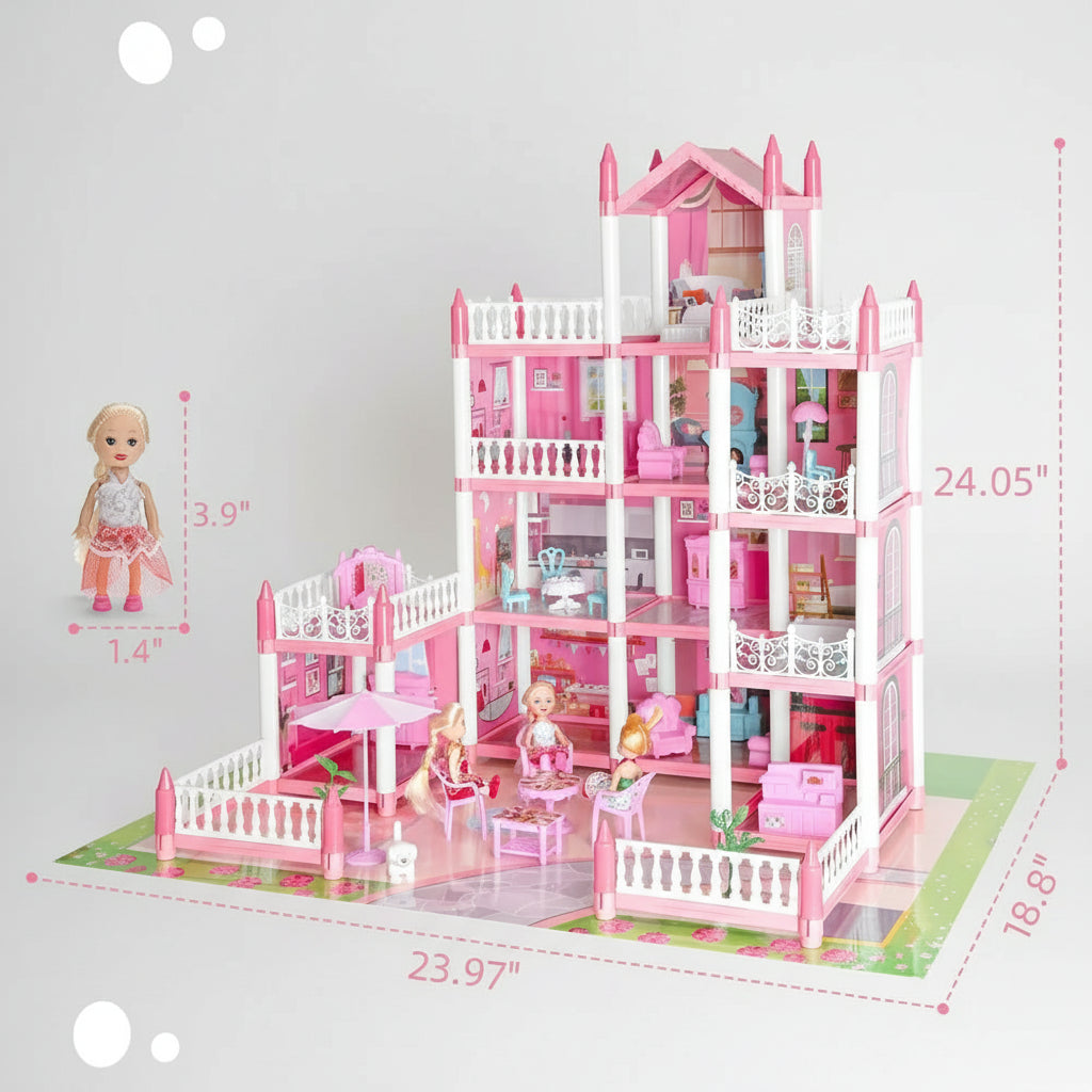 Pink dollhouse with detailed furniture and a doll, shown with measurements on a pink background.