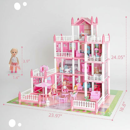 Pink dollhouse with detailed furniture and a doll, shown with measurements on a pink background.