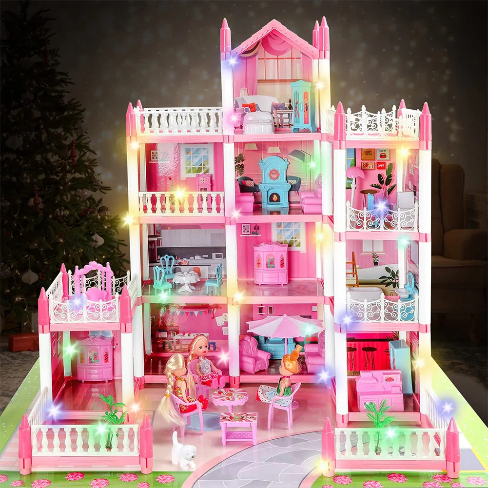Pink princess dollhouse playset with 11 rooms LED lights furniture and doll figures for girls DIY miniature