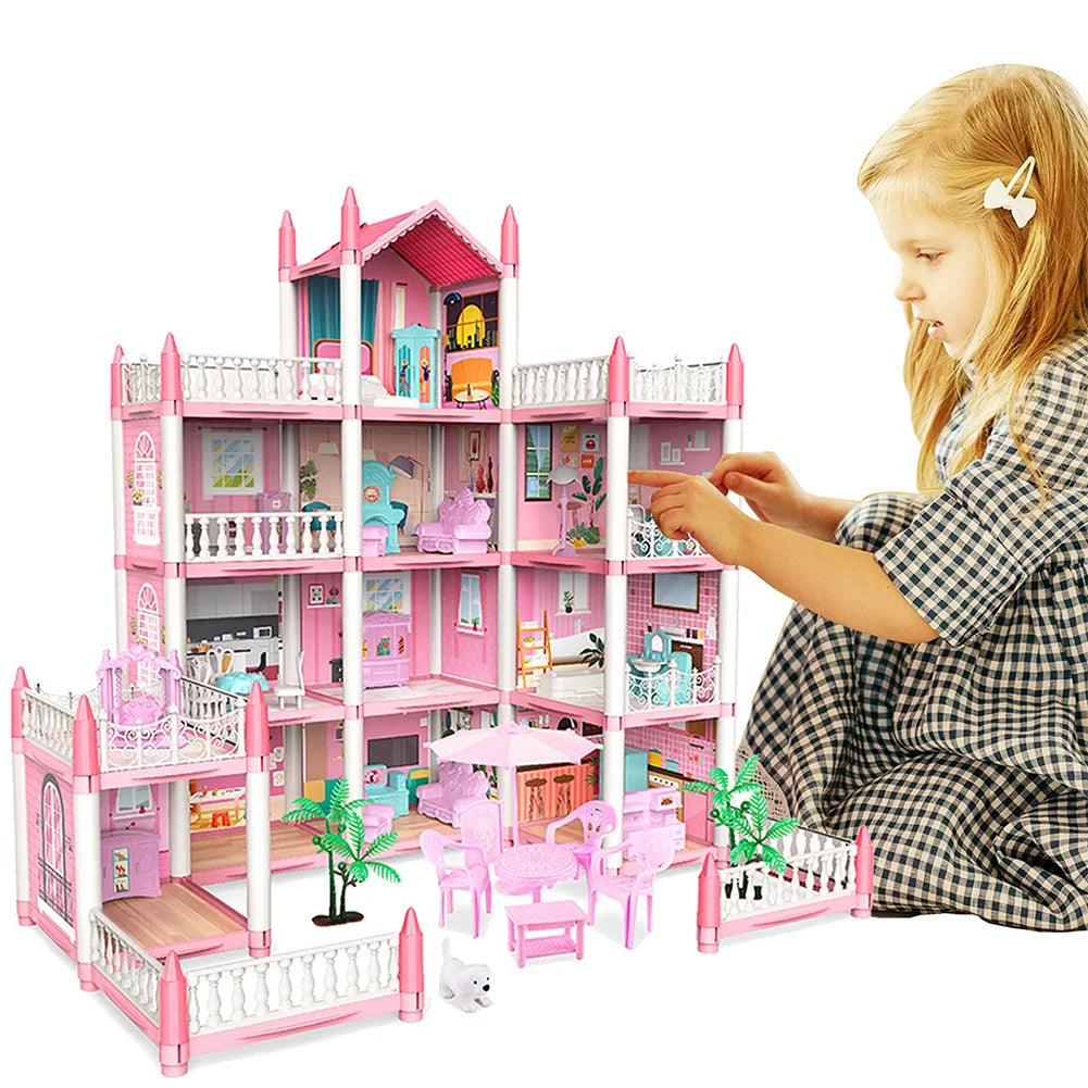 Pink princess dollhouse playset with 11 rooms LED lights furniture and doll figures for girls DIY miniature