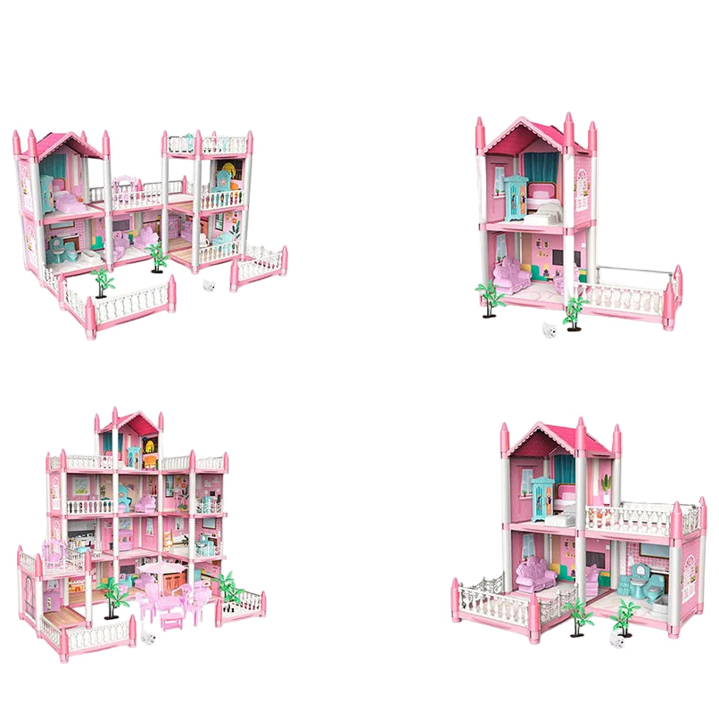 Set of pink dollhouse with multiple levels and furniture on a white background