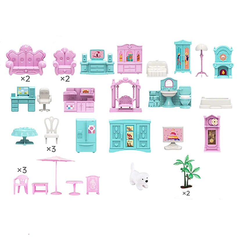 Set of colorful miniature furniture accessories with a white background