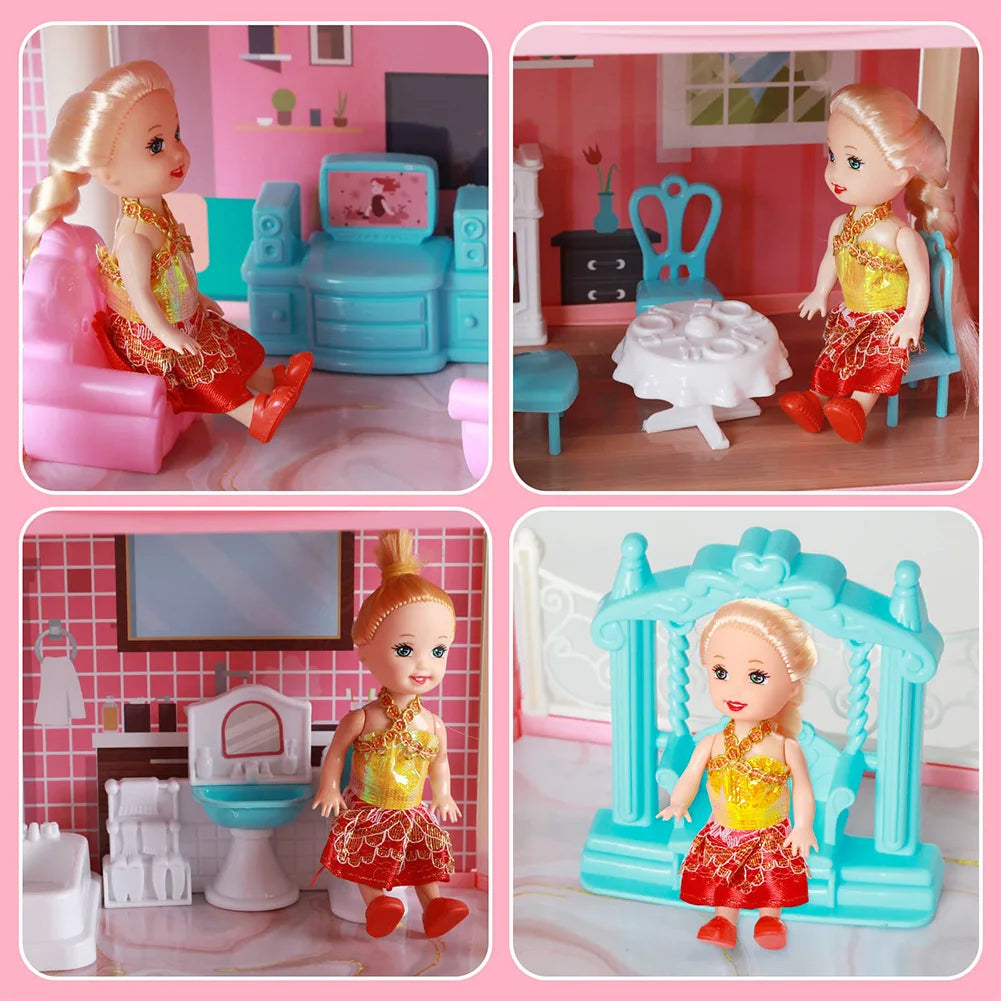 Collage of a doll in various poses with furniture and accessories on a pink background