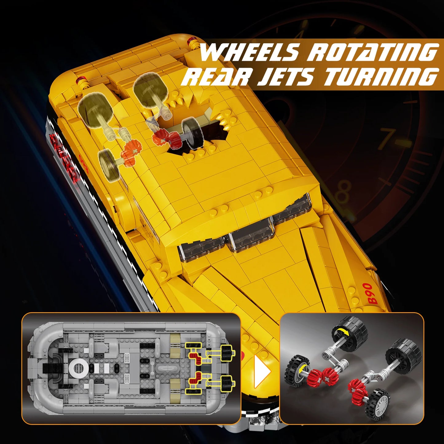 retro future yellow cab brick model with built out interior for movie themed shelves and office desks