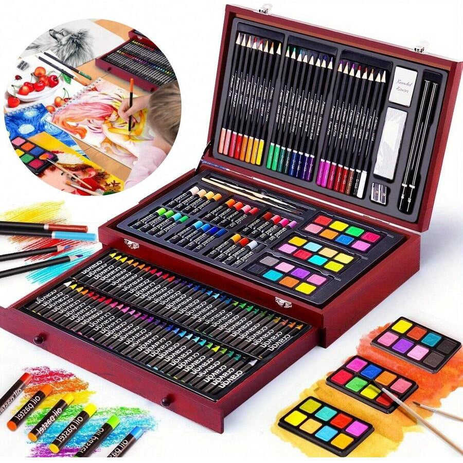 145 piece deluxe art set in a wooden case with watercolor cakes oil pastels colored pencils and crayons for adult artists