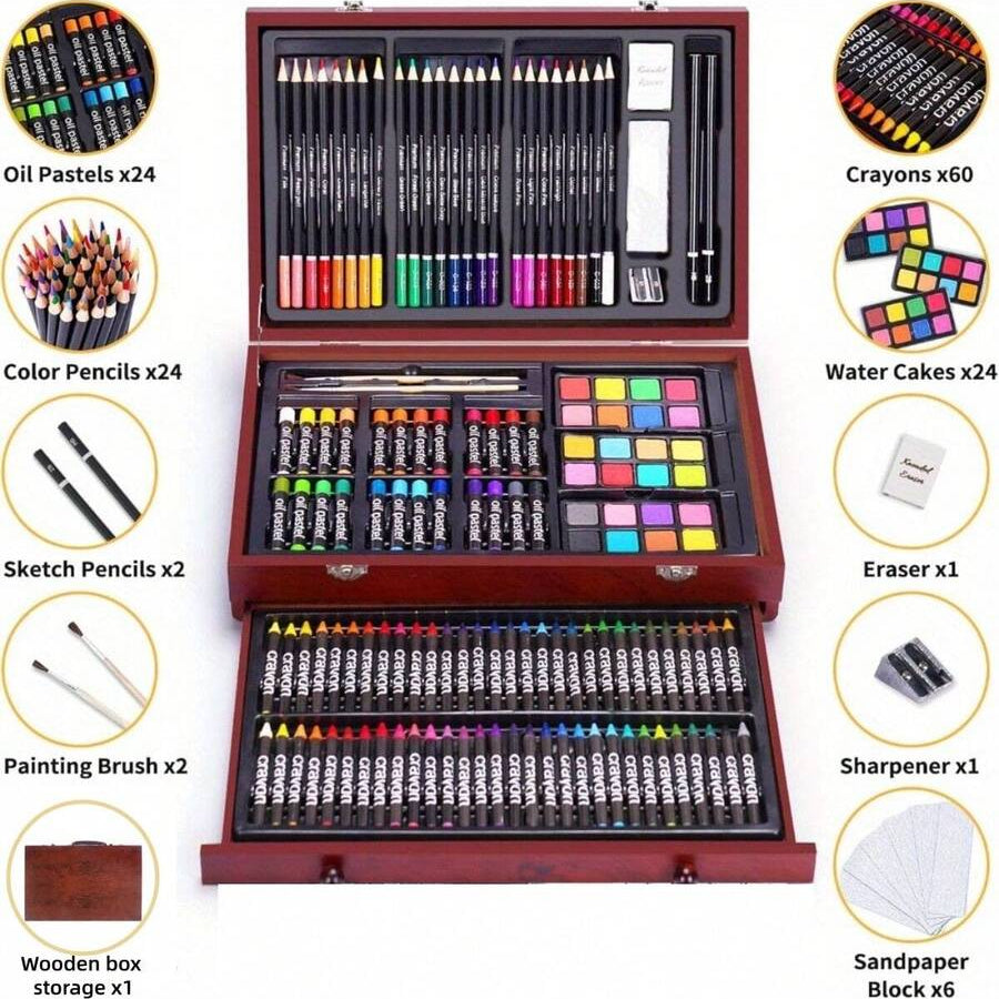 wooden box art supplies kit with 60 crayons 24 oil pastels 24 watercolor cakes and colored pencils for drawing and painting