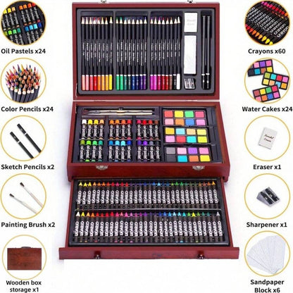 wooden box art supplies kit with 60 crayons 24 oil pastels 24 watercolor cakes and colored pencils for drawing and painting