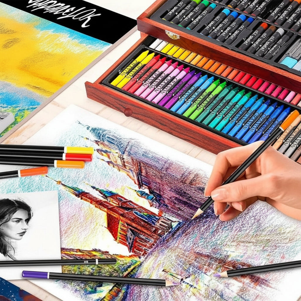 watercolor colored pencils and oil pastels art kit for sketching shading and blended watercolor washes in a wooden case