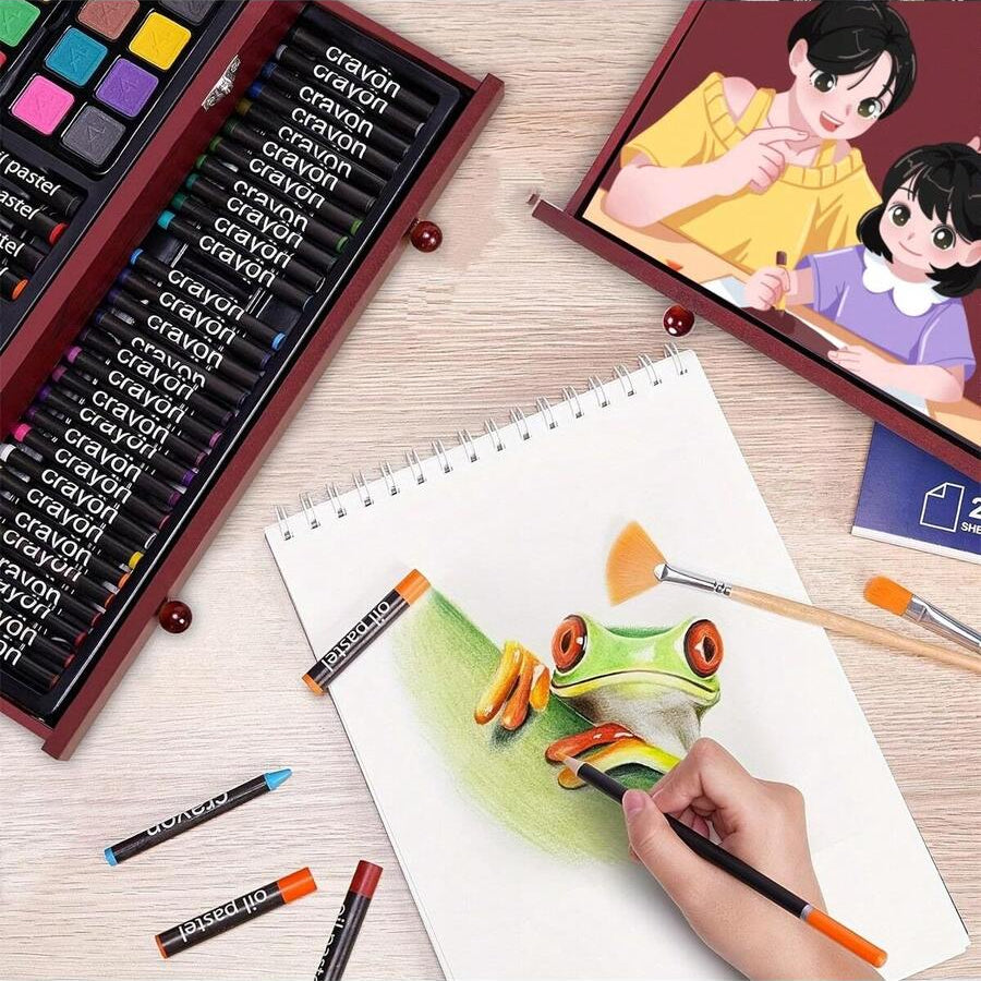 all in one art supplies set for kids teens and beginners with crayons oil pastels and watercolor cakes in a wooden box