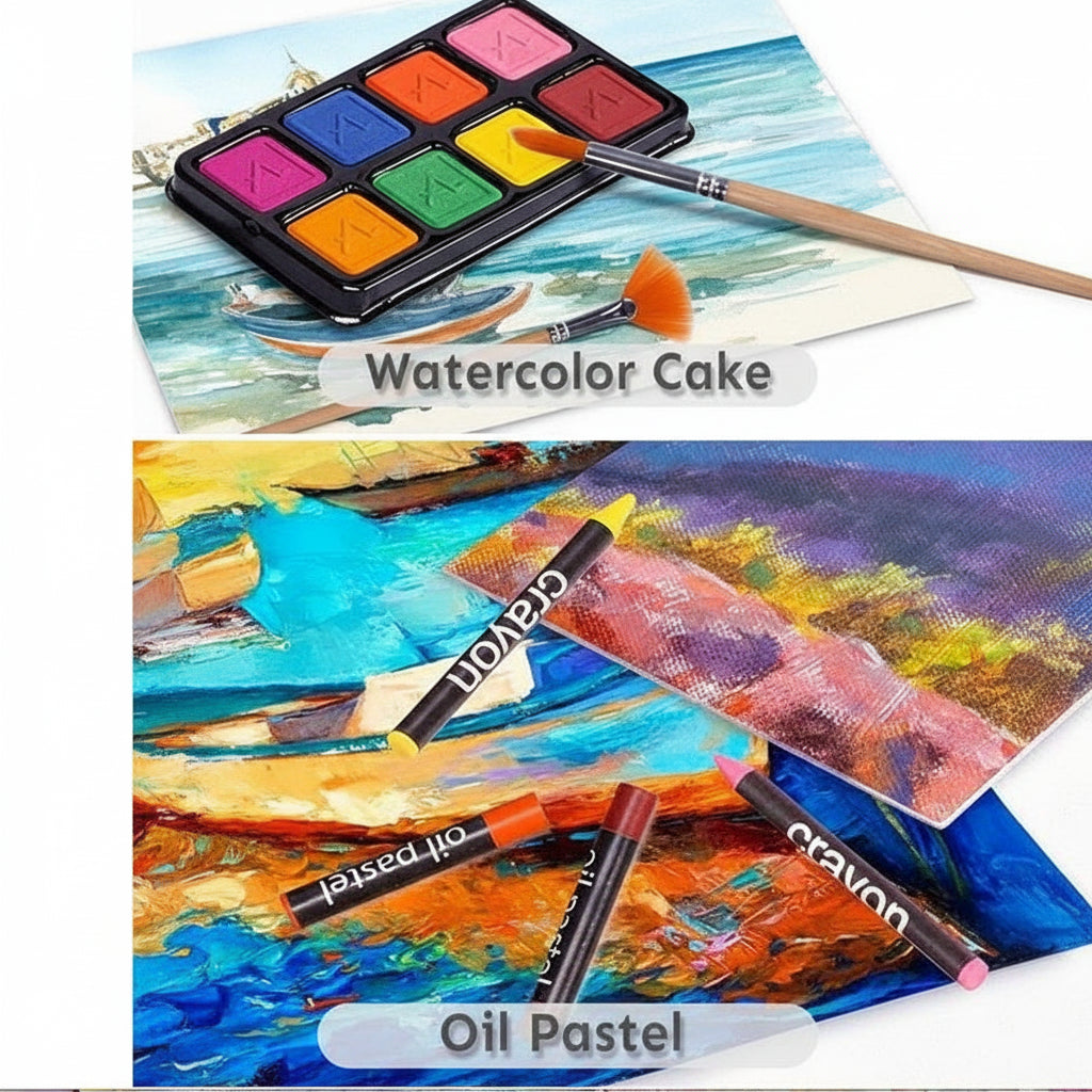 mixed media drawing and painting set with watercolor cakes oil pastels colored pencils crayons and brushes for beginners
