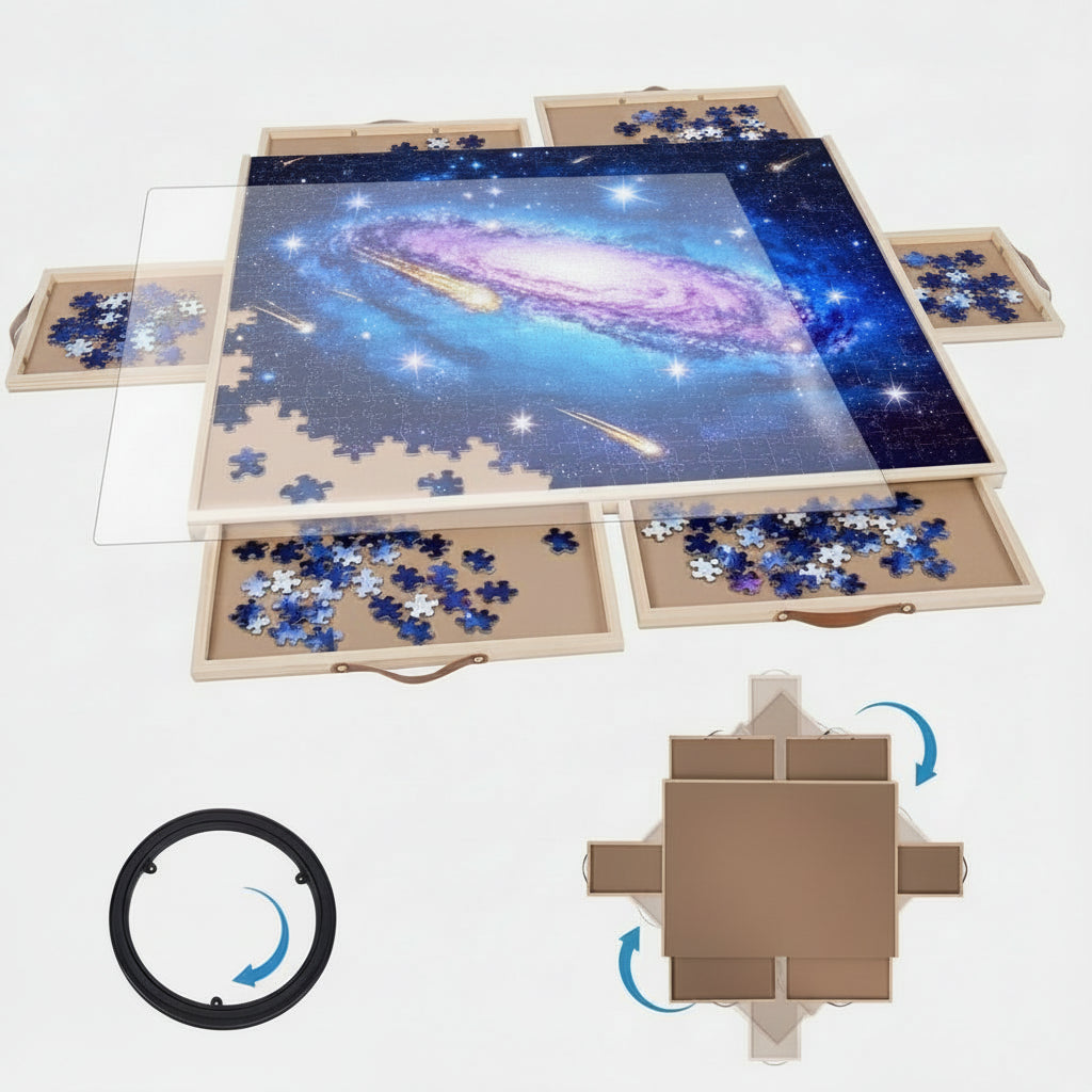 1500 piece rotating puzzle board with 6 drawers, transparent cover and galaxy jigsaw in progress on wooden frame