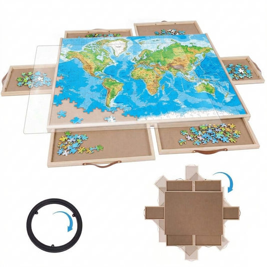 1500 piece puzzle board components — pine wood frame with 360 degree rotating base, clear cover and 6 sliding drawers