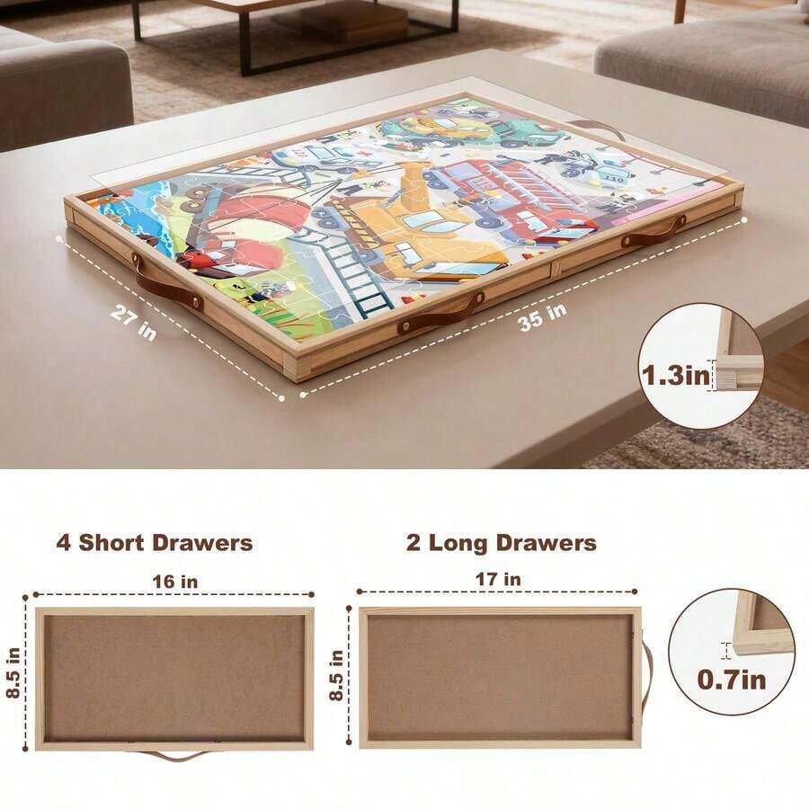 35 by 27 inch puzzle board for 1500 piece jigsaws with rotating base, 6 drawers and transparent protective cover