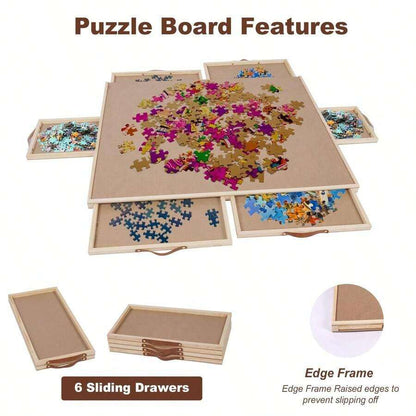 Puzzle board with 6 sliding drawers and raised edge frame to prevent jigsaw pieces from slipping off the surface