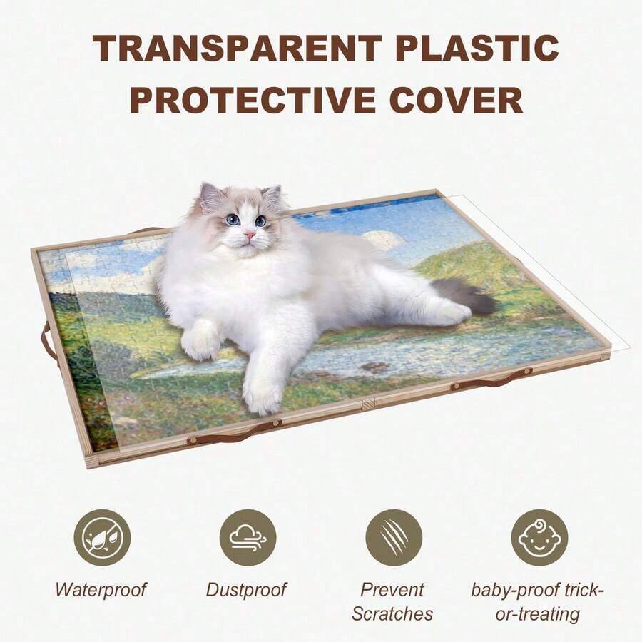 Transparent plastic cover protects 1500 piece jigsaw from cats and dust on wooden puzzle board with drawers