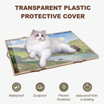 Transparent plastic cover protects 1500 piece jigsaw from cats and dust on wooden puzzle board with drawers