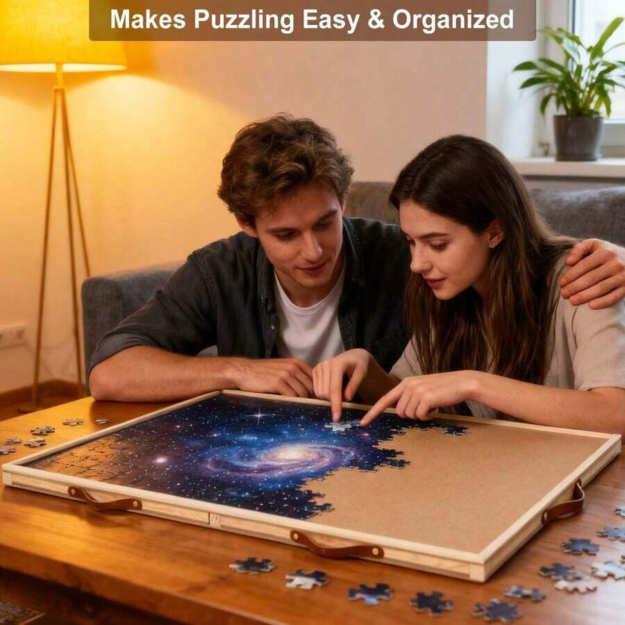 Couple assembling 1500 piece galaxy jigsaw on rotating wooden puzzle board with drawers for cozy evening hobby