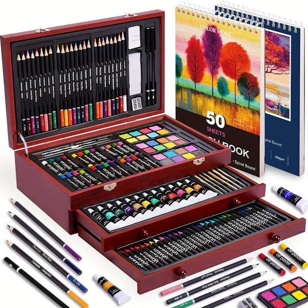 175 piece deluxe art set in wooden case with watercolors acrylics oil pastels colored pencils for adult artists – Cherry, Pink, Blue, Purple, Brown, Tan