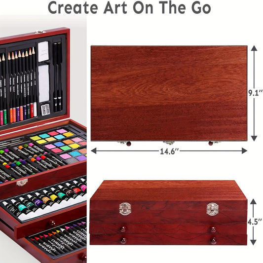 portable wooden art case 14.6 x 9.1 inch three drawer storage box holding a 175 piece drawing and painting kit – Cherry, Pink, Blue, Purple, Brown, Tan