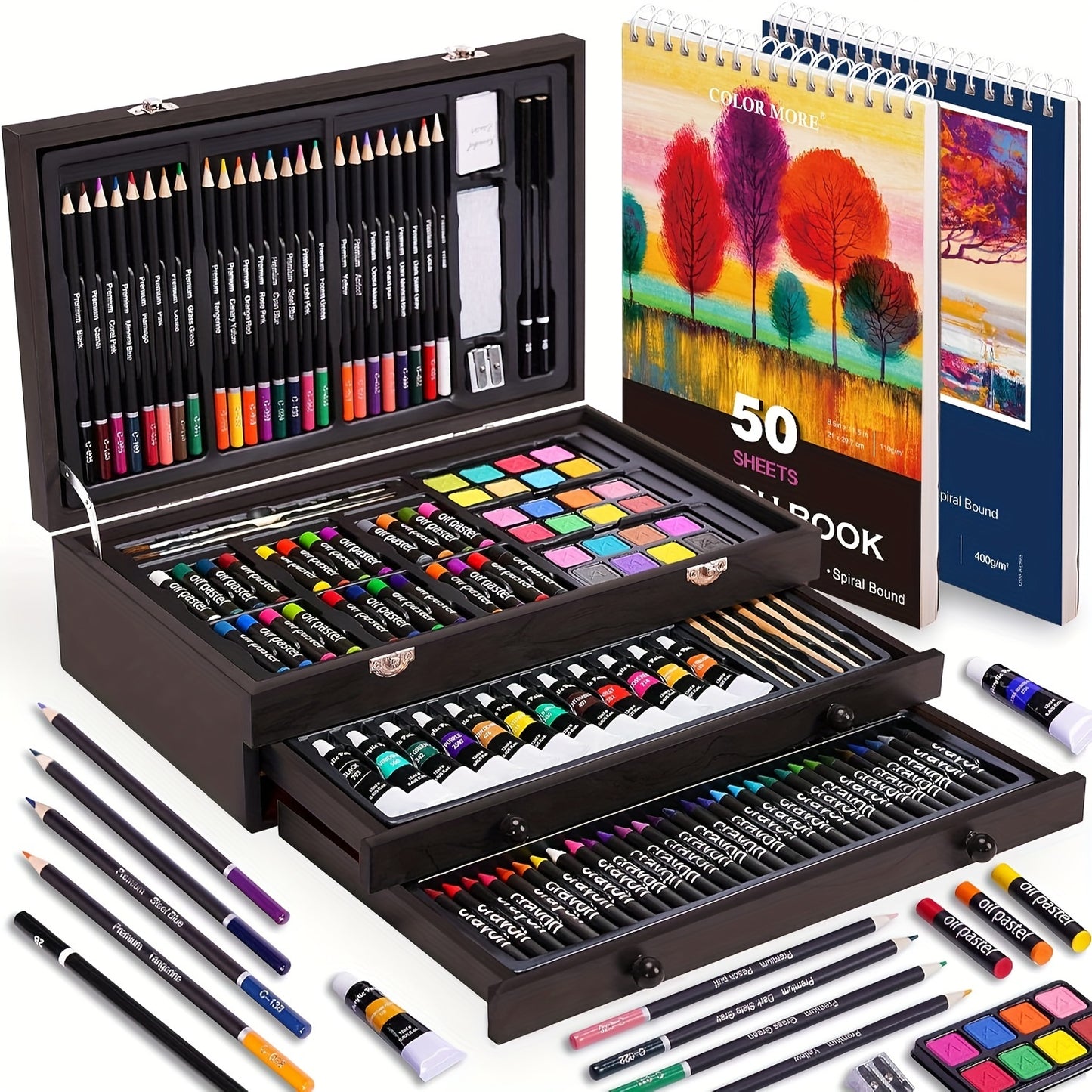 art set gift idea for birthday christmas or back to school 175 piece wooden case painting and drawing supplies – Cherry, Pink, Blue, Purple, Brown, Tan