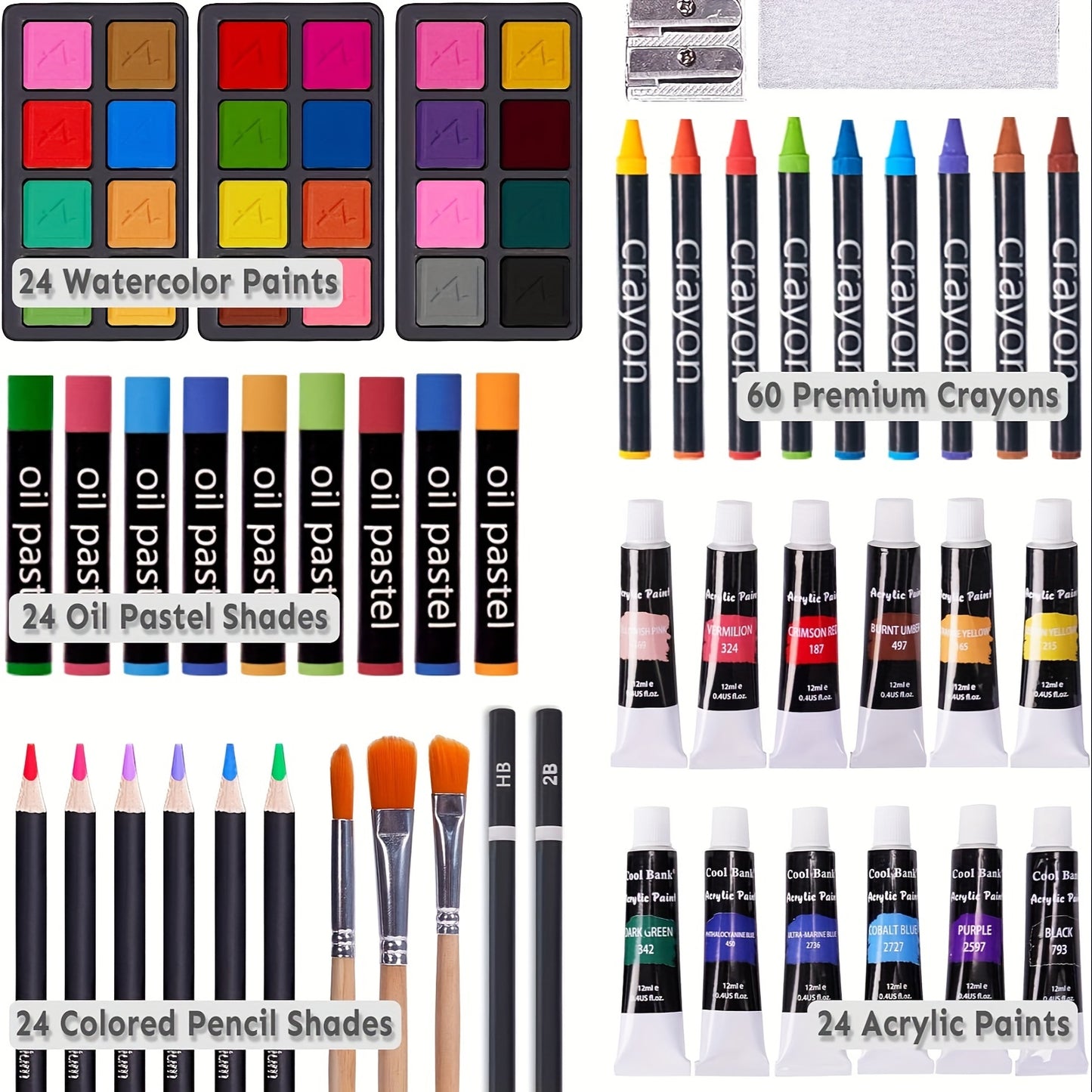 wooden art case drawing and painting kit with 24 watercolors 24 acrylic tubes oil pastels and 60 crayons inside – Cherry, Pink, Blue, Purple, Brown, Tan