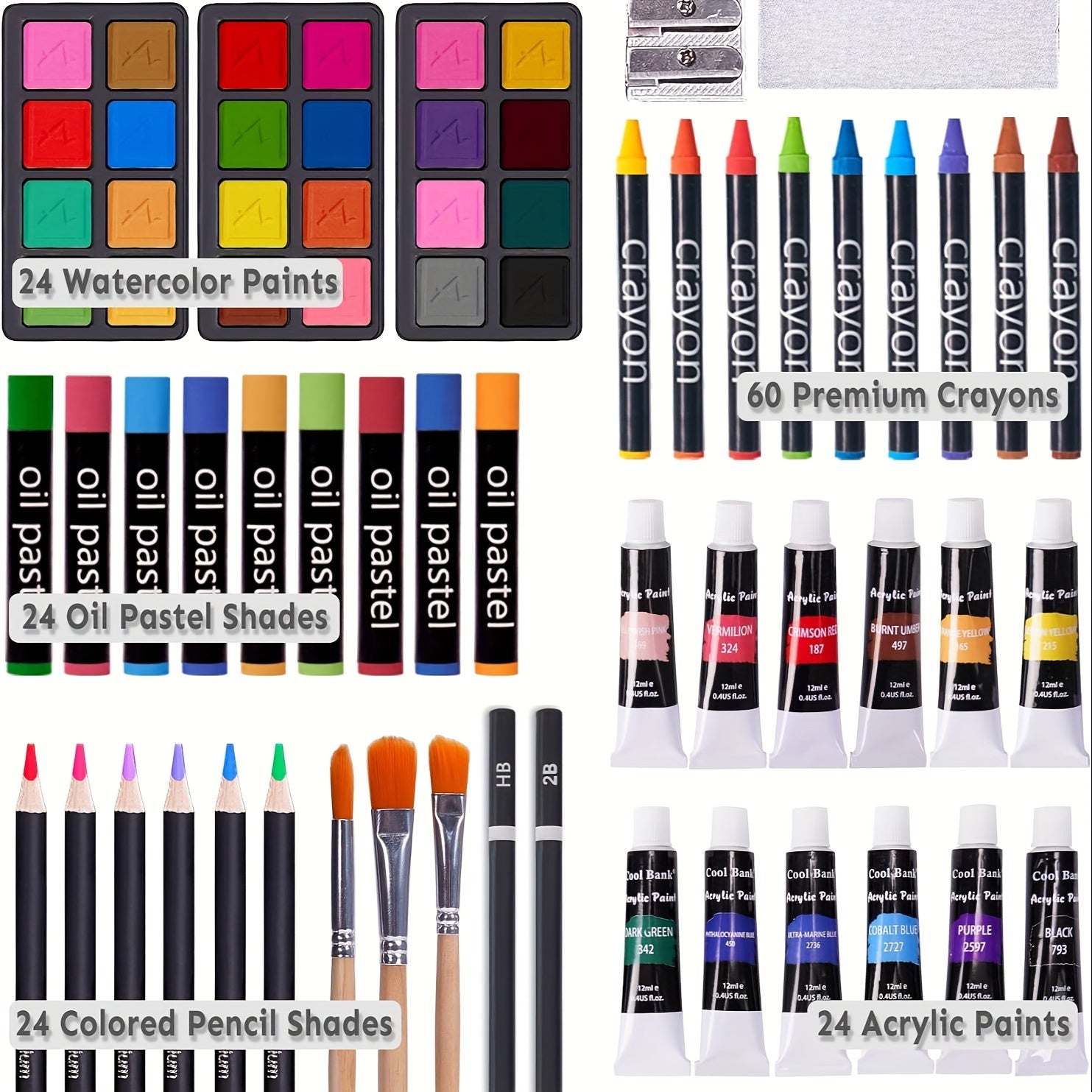 wooden art case drawing and painting kit with 24 watercolors 24 acrylic tubes oil pastels and 60 crayons inside – Cherry, Pink, Blue, Purple, Brown, Tan