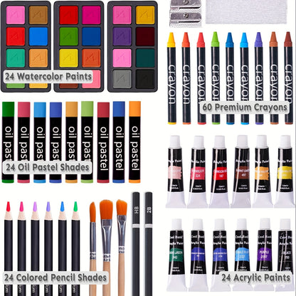 wooden art case drawing and painting kit with 24 watercolors 24 acrylic tubes oil pastels and 60 crayons inside – Cherry, Pink, Blue, Purple, Brown, Tan