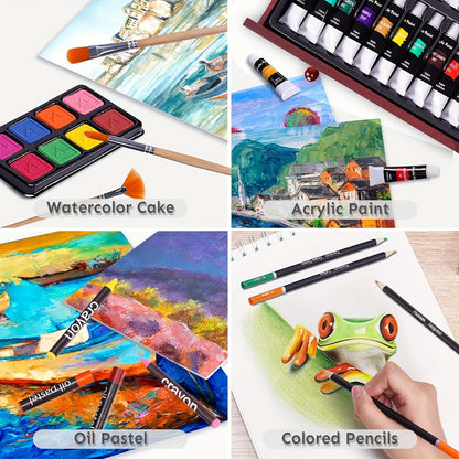 all in one drawing kit for teens and adult hobbyists wooden case art supplies for sketching and acrylic painting – Cherry, Pink, Blue, Purple, Brown, Tan