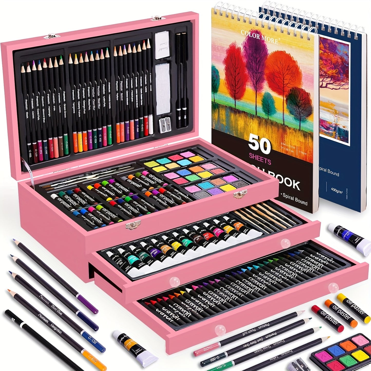 art set gift idea for birthday christmas or back to school 175 piece wooden case painting and drawing supplies – Cherry, Pink, Blue, Purple, Brown, Tan
