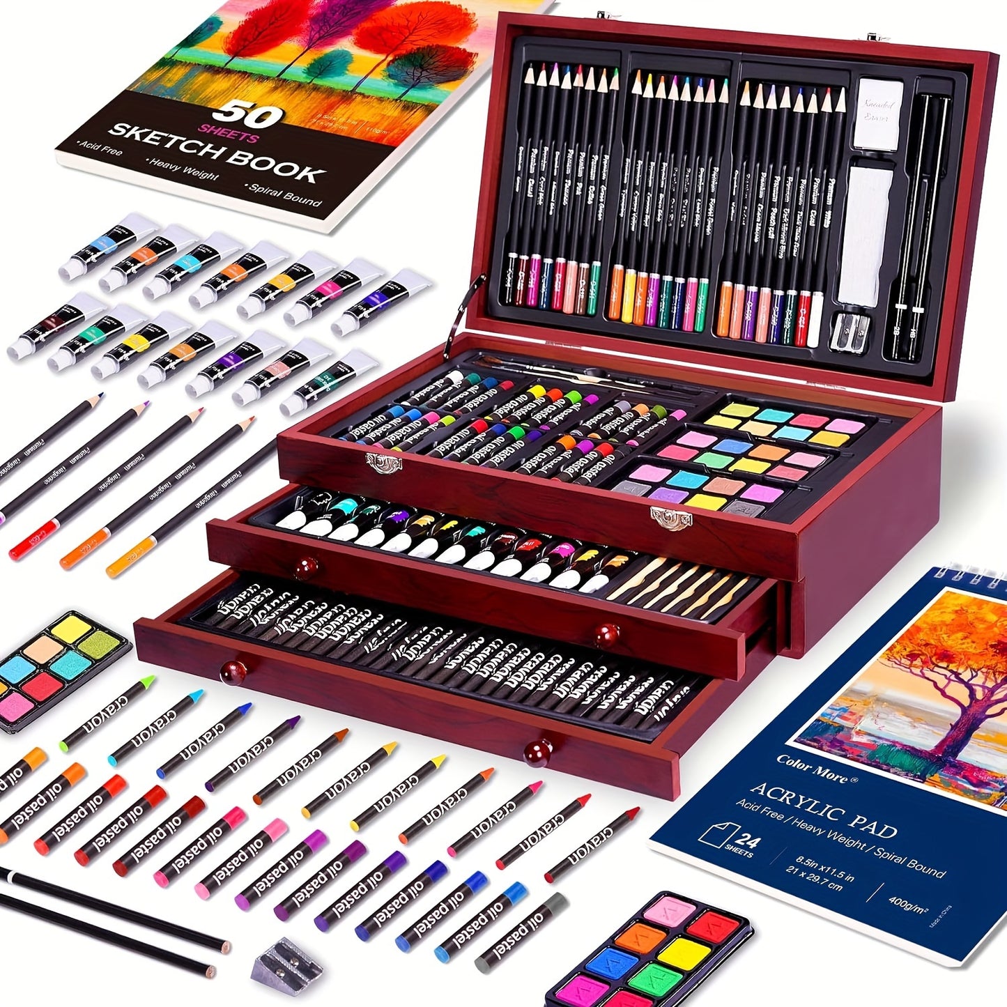 portable wooden art case for art students aspiring artists travel ready studio with sketch book and acrylic pad – Cherry, Pink, Blue, Purple, Brown, Tan