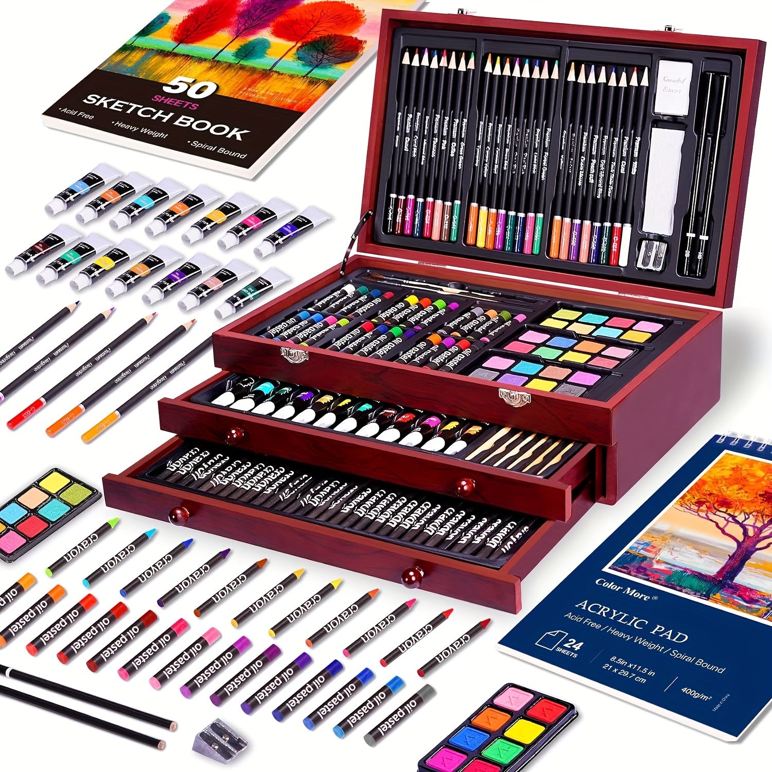 portable wooden art case for art students aspiring artists travel ready studio with sketch book and acrylic pad – Cherry, Pink, Blue, Purple, Brown, Tan